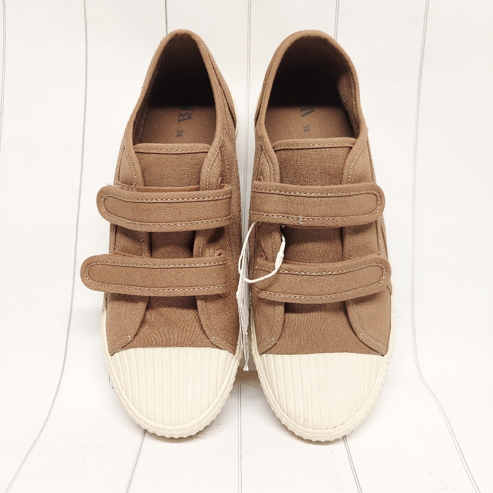Zara Tan Canvas Sneakers with Velcro Straps Sz Eu38/US 5.5